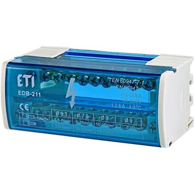 ETI 2-polet distributionsblok 125A, model EDB-211, med blå transparent dæksel og hvide kabinet. Viser tilslutningsmuligheder for kabler og standardmærkninger.