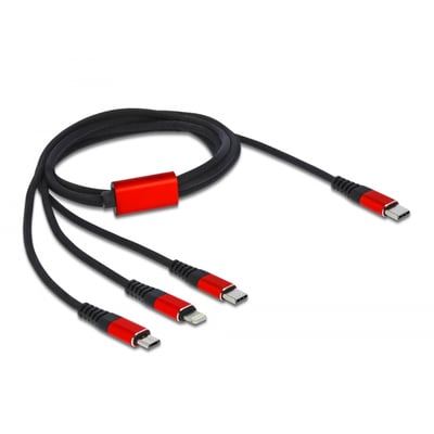 DeLock 3-i-1 USB ladekabel på 1 meter, sort med røde detaljer, viser USB-A til Lightning, Micro USB og USB-C stik.