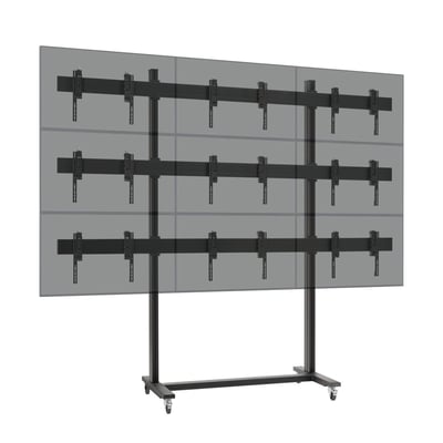 Vogels PFT 8920 Connect-it video wall trolley base monteret med en stor videovæg på 3x3 skærme.