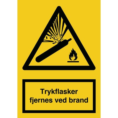 Advarselsskilt i A5 format og gul vinyl med sort ramme, der viser en eksploderende trykflaske og flammer.