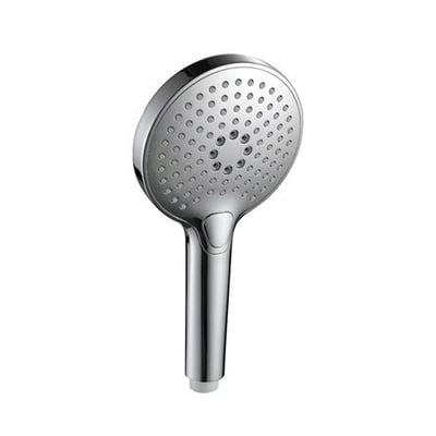 Stilfuld håndbruser i skinnende krom med rub clean funktion og tydeligt mønster af dyser på den runde bruserplade.