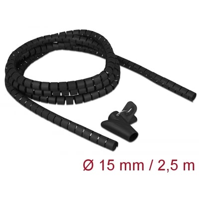DeLock spiral slange i sort plast, 2,5 meter lang og 15 mm i diameter, med et medfølgende indsætningsværktøj.