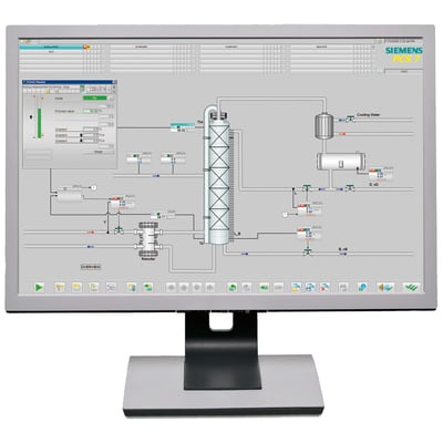 Siemens SIMATIC PCS 7 software archive licens på skærm, viser procesdiagram med ventiler, rør og temperaturmålinger.