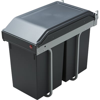 Hailo bundmonteret affaldssystem med to 15 liters grå plastspande og sølvfarvet udtræksstel.