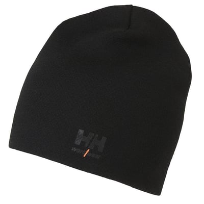 Sort Helly Hansen LIFA® Merino-hue i dobbeltlagsmateriale med diskret logo foran, set skråt forfra.