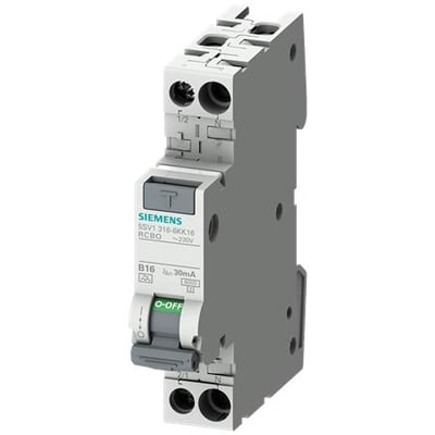 Siemens RCBO kompakt fejlstrømsafbryder med overstrømsbeskyttelse, 1-polet+N, 6kA, type AC, 30mA, C6, grå.