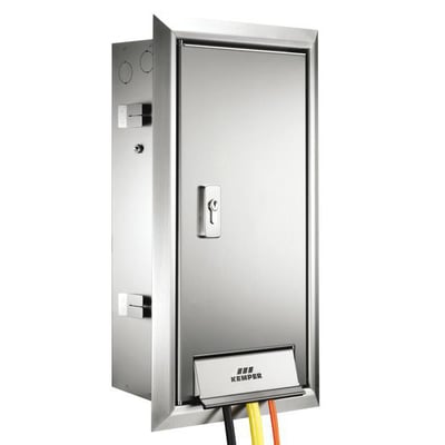 Kemper TRESOR indmuringsskab i rustfrit stål med apparattilslutningsventil, 2x230V og HFI-relæ. Bagsiden med ledninger ses.