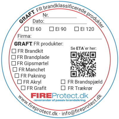 Rund GRAFT® ETA-mærkat med felter til dato, firmanavn og brandklassifikation samt en QR-kode.
