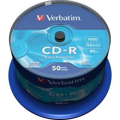 Verbatim CD-R på spindel med blå etiketteret top, 700 MB kapacitet og skrivehastighed på 52x.