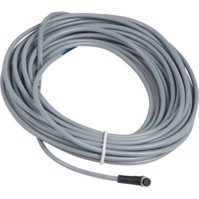 Schneider Electric sensorkabel XZCPV, 10 meter, gråt PVC-kabel med 4-polet M8 hun vinkelstik og hvid kabelbinder.