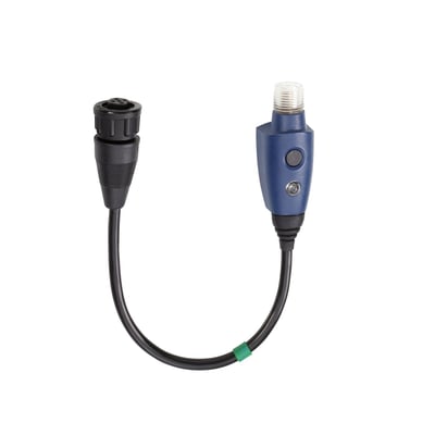 Schneider Electric teach jumper kabel til ultralyd, med sort M12-stik og blå programmeringsenhed med knapper og lysindikator.