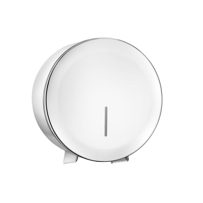 Cosmic Architect toiletpapirdispenser i blankt rustfrit stål, vist isoleret på hvid baggrund med serrateret papirskærer synlig.
