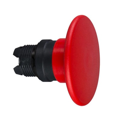 Schneider Electric ZB5AR4 paddetryk i rød kunststof med fjederretur og 60 mm diameter, vist med koblingsdel.