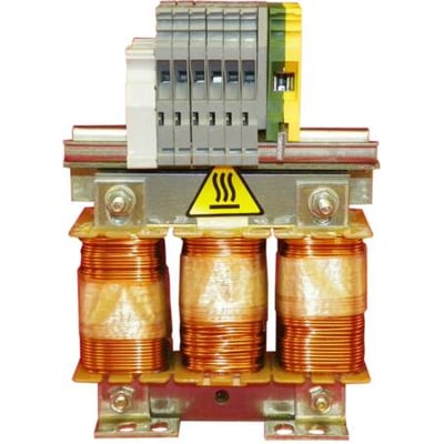 Schneider Electric netinduktans AC 60A for ATV61/71, vist med tre kobberviklinger og et gult advarselsskilt for varme.