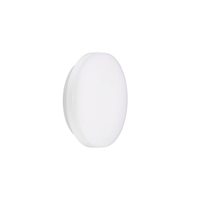 Hvidt, rundt Philips Lighting CoreLine Slim WL200V væg- og loftarmatur med flad, lysende front, set skråt forfra.