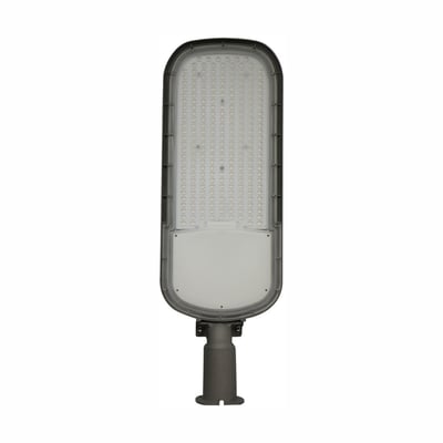 Grå SpectrumLED 200 W LED-gadelampe med skumringssensor set forfra med lysdioder og rørmontering.