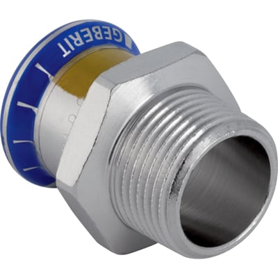 Geberit Mapress 15 mm x 1/2" overgang RFG muffe/nippel i rustfrit stål, med synlig blå Geberit-markering.