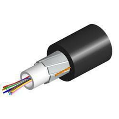 CommScope LazrSPEED 300 Uni tube fiberkabel med 12xOM3 fibre og sort LSZH kappe, afbildet med synlige farvekodede fibre.