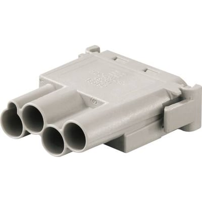 Weidmüller HDC Industristik 4-polet modular indsats med crimp-ben i grå plast på hvid baggrund.