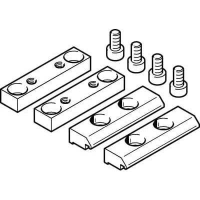 Festo profilbefæstigelse EAHF-G1-45-P med fire fastgørelseselementer og fire bolte, vist som en skitse i grå toner.