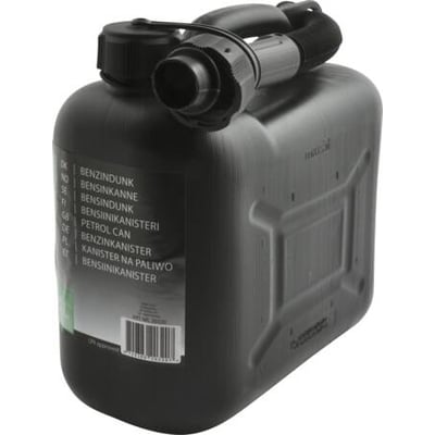 Sort 5 liters benzindunk med UN-godkendelse og praktisk håndtag samt hældetud.