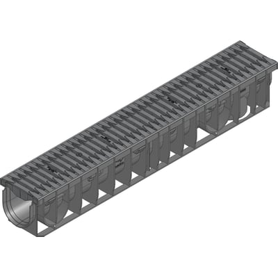 NID rende med rist, 160x150x1000 mm, fremstillet af sort PA-GF materiale, med 25 tons belastningsevne.