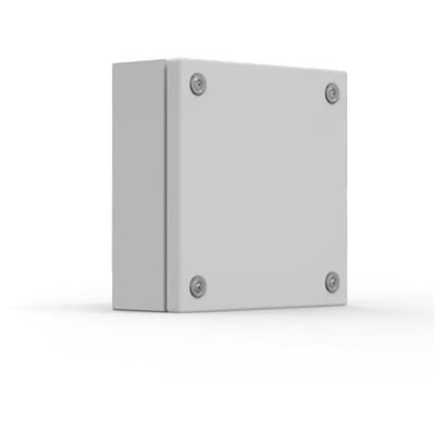 Robust klemkasse i lysegrå lakeret stål, 200x200x120 mm, med synlige skruer og kantbukket design, perfekt til IP66 beskyttelse.