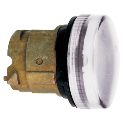 Sidevisning af Schneider Electric Harmony Style 4 lampehoved med hvid linse og LED, viser robust monteringsmekanisme.