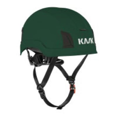 Grøn Kask Zenith X Max sikkerhedshjelm med sort hagerem og justeringssystem, set skråt forfra.