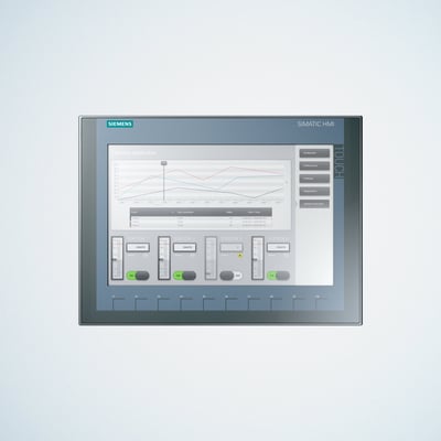 Siemens SIMATIC HMI KTP1200 basic DP touchskærm med 12" TFT display, viser "STATION OVERVIEW" med grafer og status for fire stationer på grå baggrund.