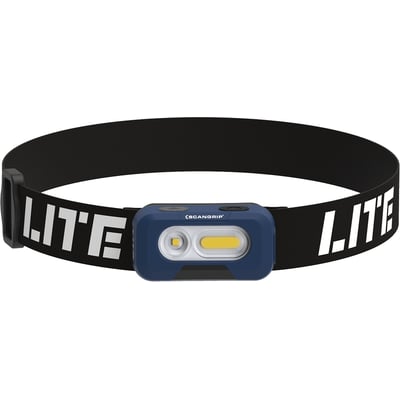 Detaljeret frontvisning af Scangrip HEAD LITE pandelampen, der fremhæver COB-LED og spotlyset.
