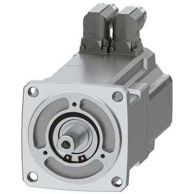 Siemens SIMOTICS S-1FK2 HD servomotor med cylindrisk aksel, viste monteringsflange og to grå DRIVE-CLiQ stik. IP64-klassificeret motor.