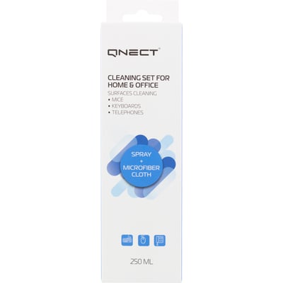 QNECT Office Clean sæt, 250 ml spray og mikrofiberklud, pakke med illustrationer af tastatur, ur og telefon samt teksten 'Spray + Microfiber Cloth'.