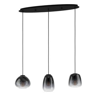 Aguilares langbordspendel med tre sorte, glas skærme i eg/røg design, forbundet til en sort loftplade.