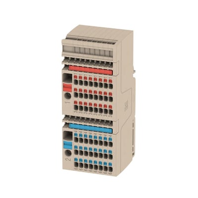 Detaljeret visning af Weidmüller beige distributionsblok, der viser den venstre side med mærkning '1' og '2'.