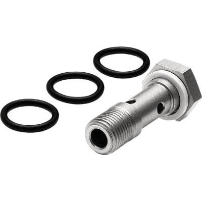 Festo hollow bolt VT-1/8-PRSK i metal med gevind og tre sorte O-ringe placeret til venstre.