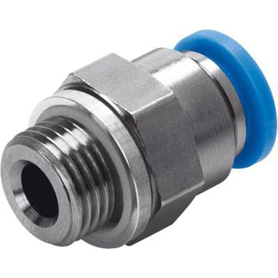 Festo lige forskruning QS-G3/8-16 i metal med blå plast-låsring på hvid baggrund.