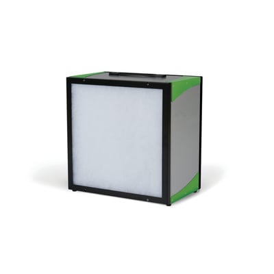 Professionel luftrenser Sila 1000A3 med HEPA H13-filter og forfilter, lavet af metal og plast, isoleret på hvid baggrund.