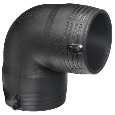 +GF+ ELGEF 160 mm PE el-svejsevinkel 90° SDR11 PN16 er en sort rund fitting af PE100 materiale.