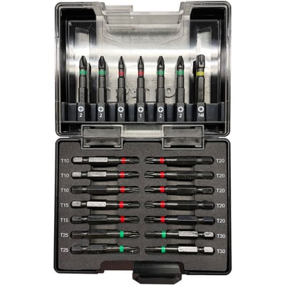 BaTo bitssæt med 21 dele i Torsion-design, 1/4" x 50 mm, vises i åben sort opbevaringsboks med grønne, røde og gule markeringer.