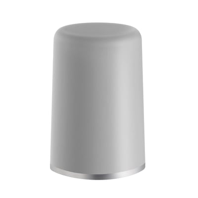 Beslagsboden dørstop til gulv eller væg i grå børstet rustfrit stål med afrundet top og cylindrisk form.