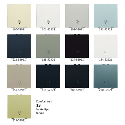 Niko 'Forlad Hjem' tryk i 13 forskellige farver, med symbol for hjem og hus. Viser farveudvalg.