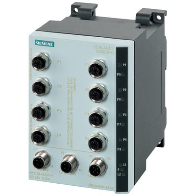 Siemens SCALANCE X208PRO managed IE switch med otte 10/100Mbit/s M12 Ethernet-porte og fejlsignalkontakter.