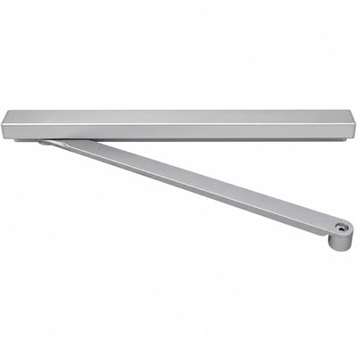Dormakaba G93-glideskinne med en lang skinne og en skråt udgående arm, vist i gråmetal.