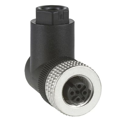 Vinklet, sort 4-polet hunstik fra Telemecanique Sensors med sølvfarvet M12-tilslutning og Pg7, model XZCC12FCM40BJ.