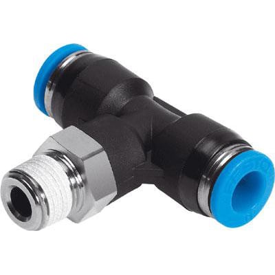 Festo T-forskruning QST-1/2-16 i sort plast med blå koblingsringe og udvendigt gevind i metal.