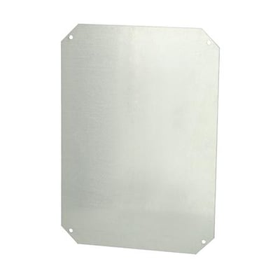 Fibox Montageplade NEO i aluzink med dobbelte hjørner og monteringshuller, klar til installation.