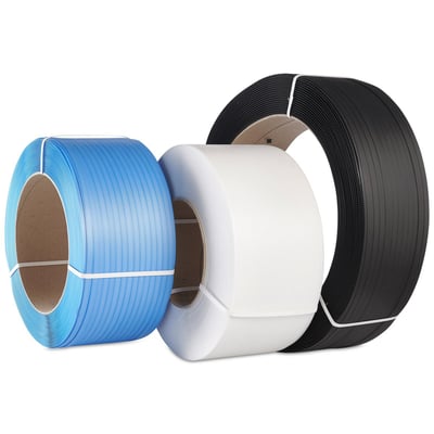 Tre ruller med strapbånd i farverne blå, hvid og sort på hvid baggrund. Båndene er 12x0,55mm og beregnet til omsnøring.