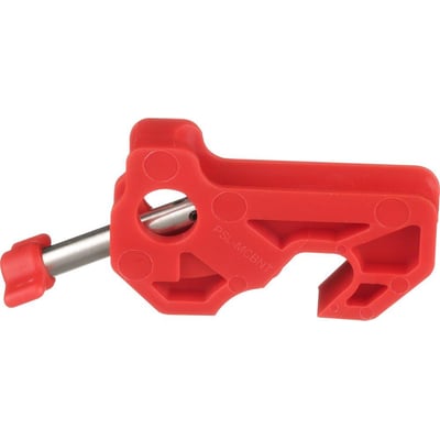 Panduit quick lås PSL-MCBNT i rød plast til automatsikring, vist med en låsestift af metal.