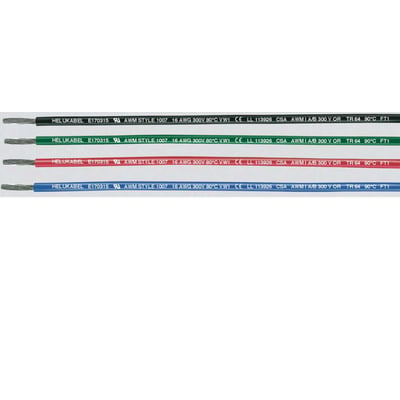 HELUKABEL monteringsledninger AWG24 1007 i sort, grøn, rød og blå, alle med printet mærkning.